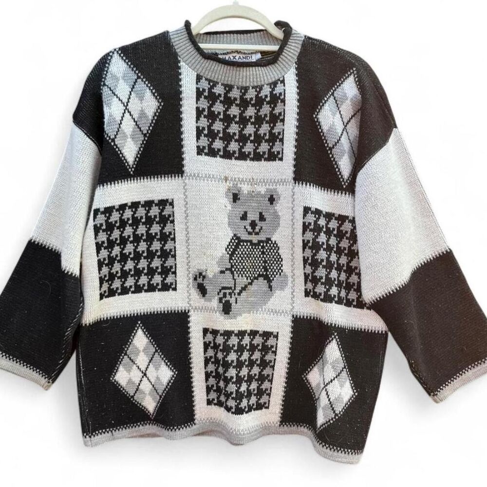 Vintage Maxandi Teddy Bear Patchwork Knit Sweater… - image 1